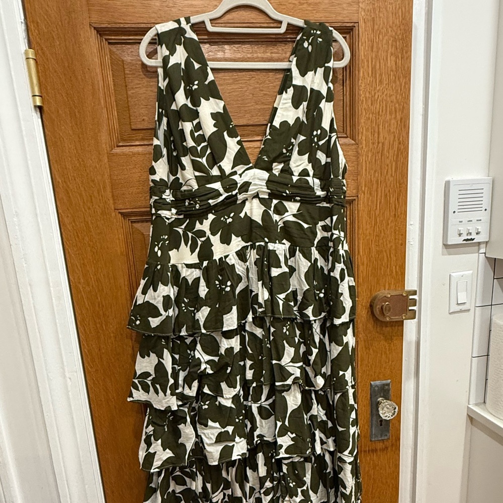 J. Crew Green and Cream Floral Ruffled Maxi Dress